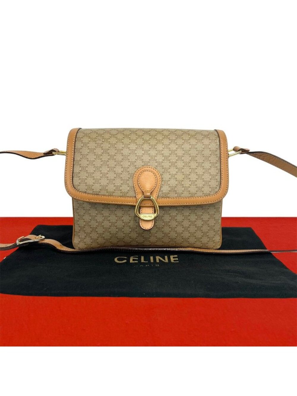Celine Macadam Blason Logo Pattern Leather Shoulder Bag Pochette Beige Brown